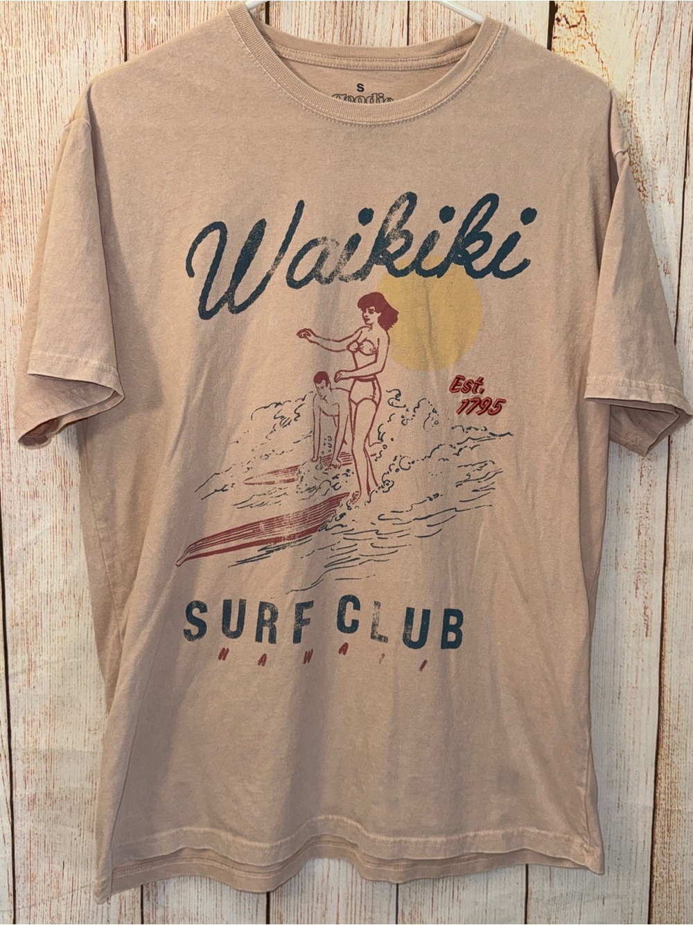 Goodie Two Sleeves Waikiki Surf Club Pinkish Retro Graphic Oversized Tee, Sz S